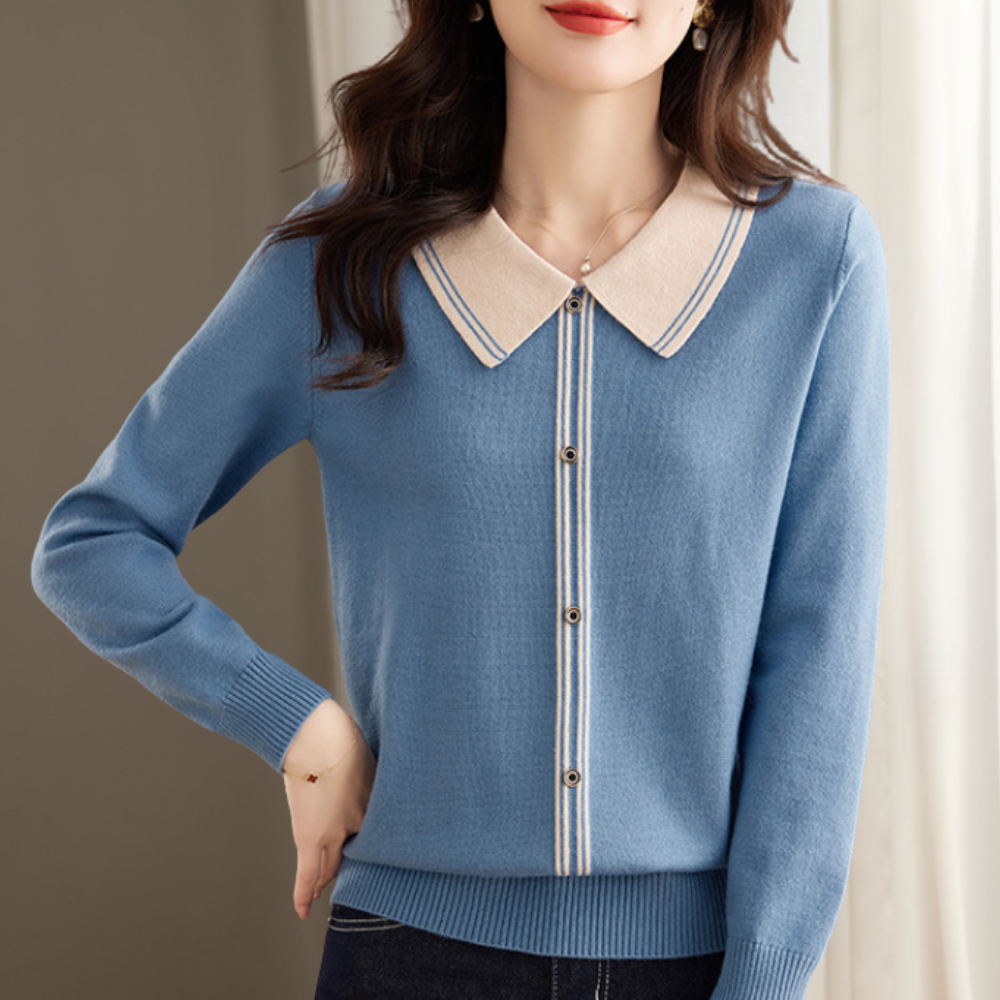 Women's collar button knit sweater in versatile colors, relaxed elegant silhouette for all-season wear