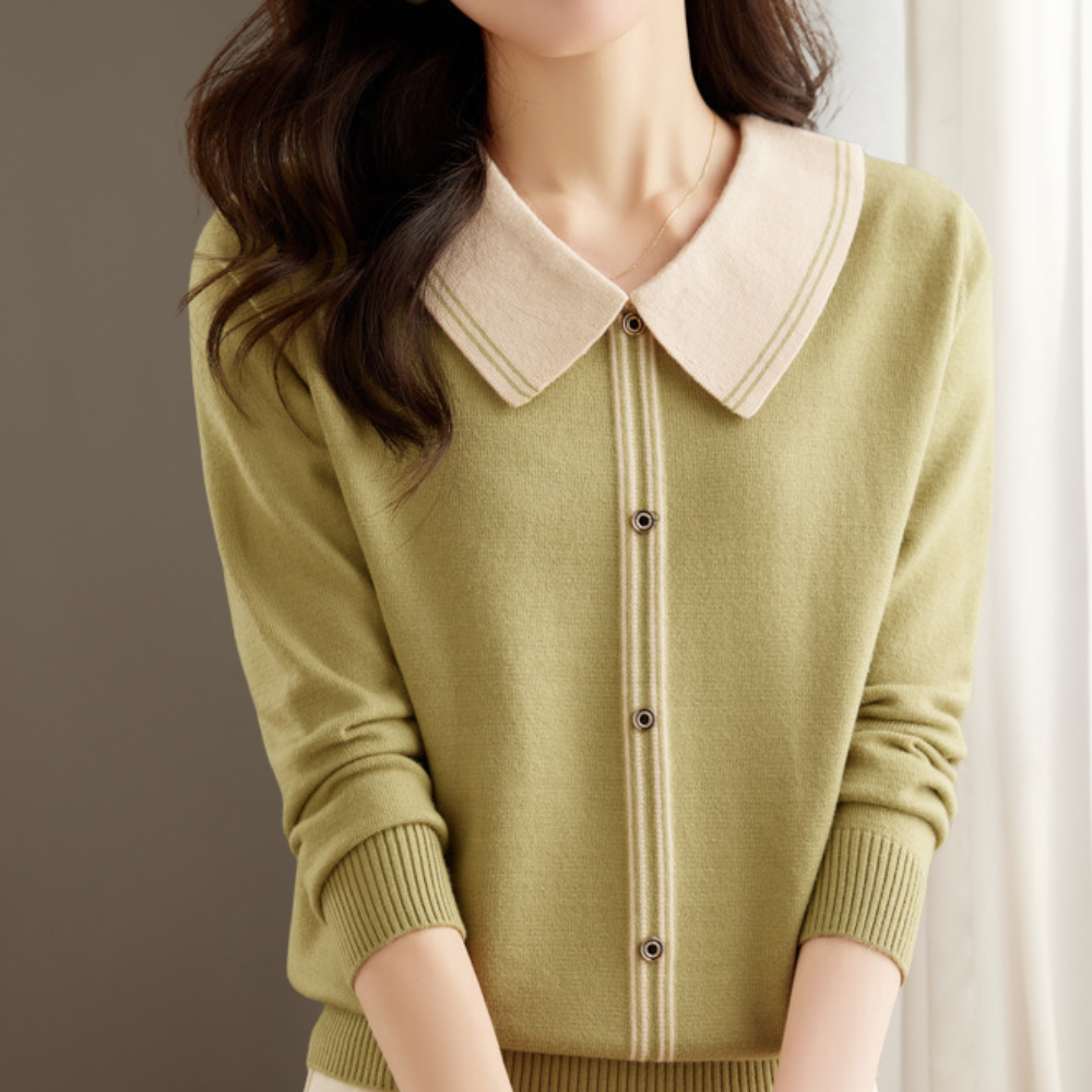 Women's collared button-up knit sweater in versatile colors, elegant relaxed fit for all seasons