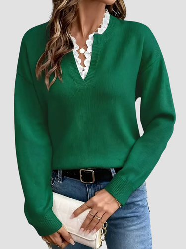 Women's slim fit knit sweater with scalloped V-neckline, soft breathable fabric, elegant feminine style