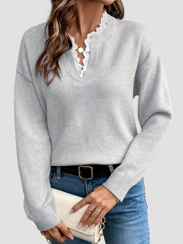 Women's slim fit knit sweater with scalloped V-neckline, soft breathable fabric, elegant feminine style