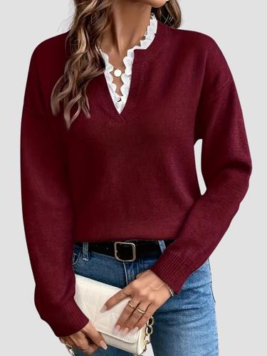 Women's slim fit knit sweater with scalloped V-neckline, soft breathable fabric, elegant feminine style