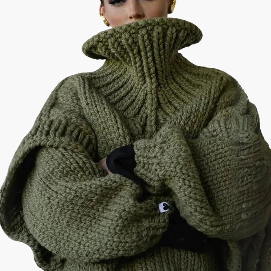 Women's oversized chunky knit roll neck sweater with ribbed hem and statement lantern sleeves