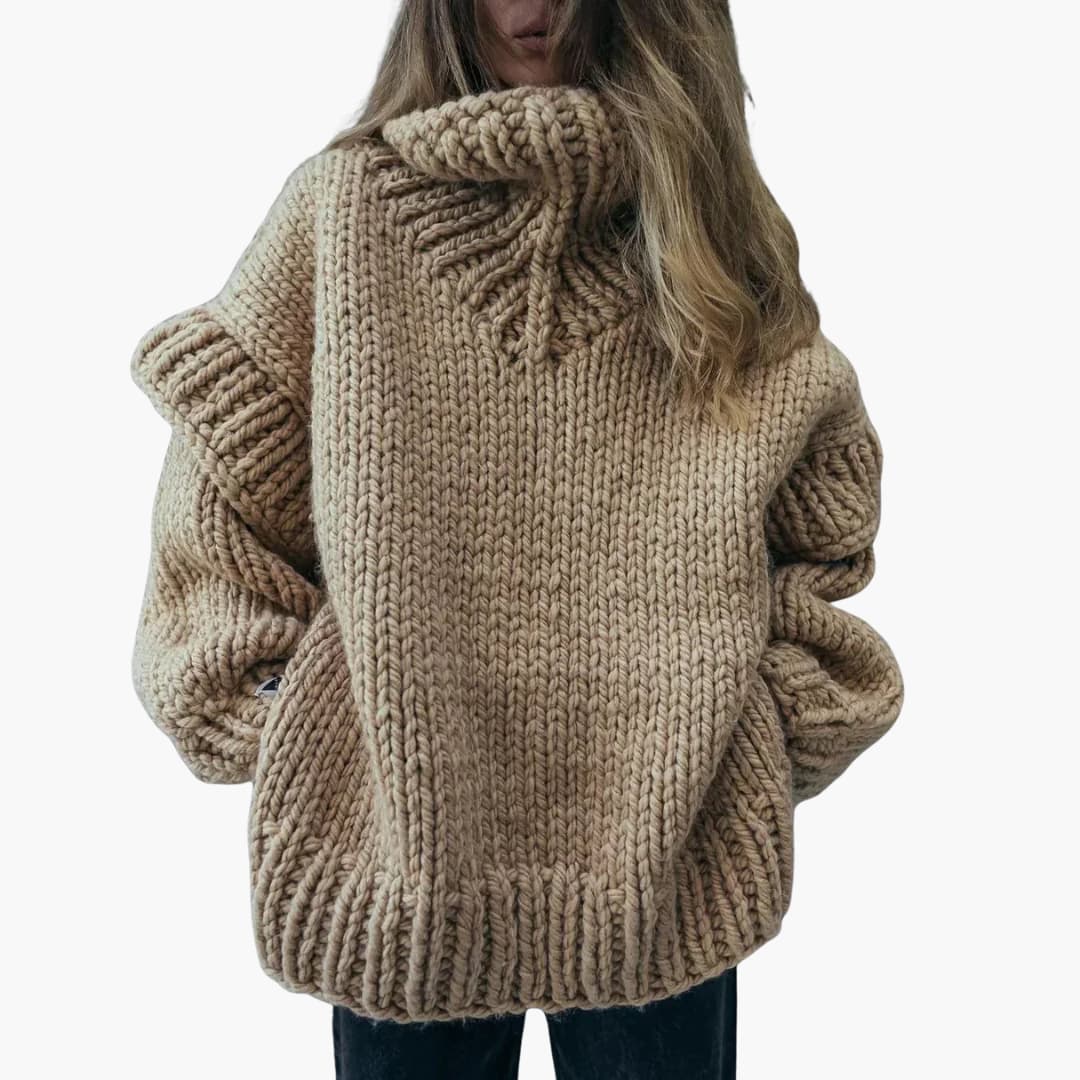 Women's chunky knit oversized roll neck sweater with ribbed hem and statement lantern sleeves