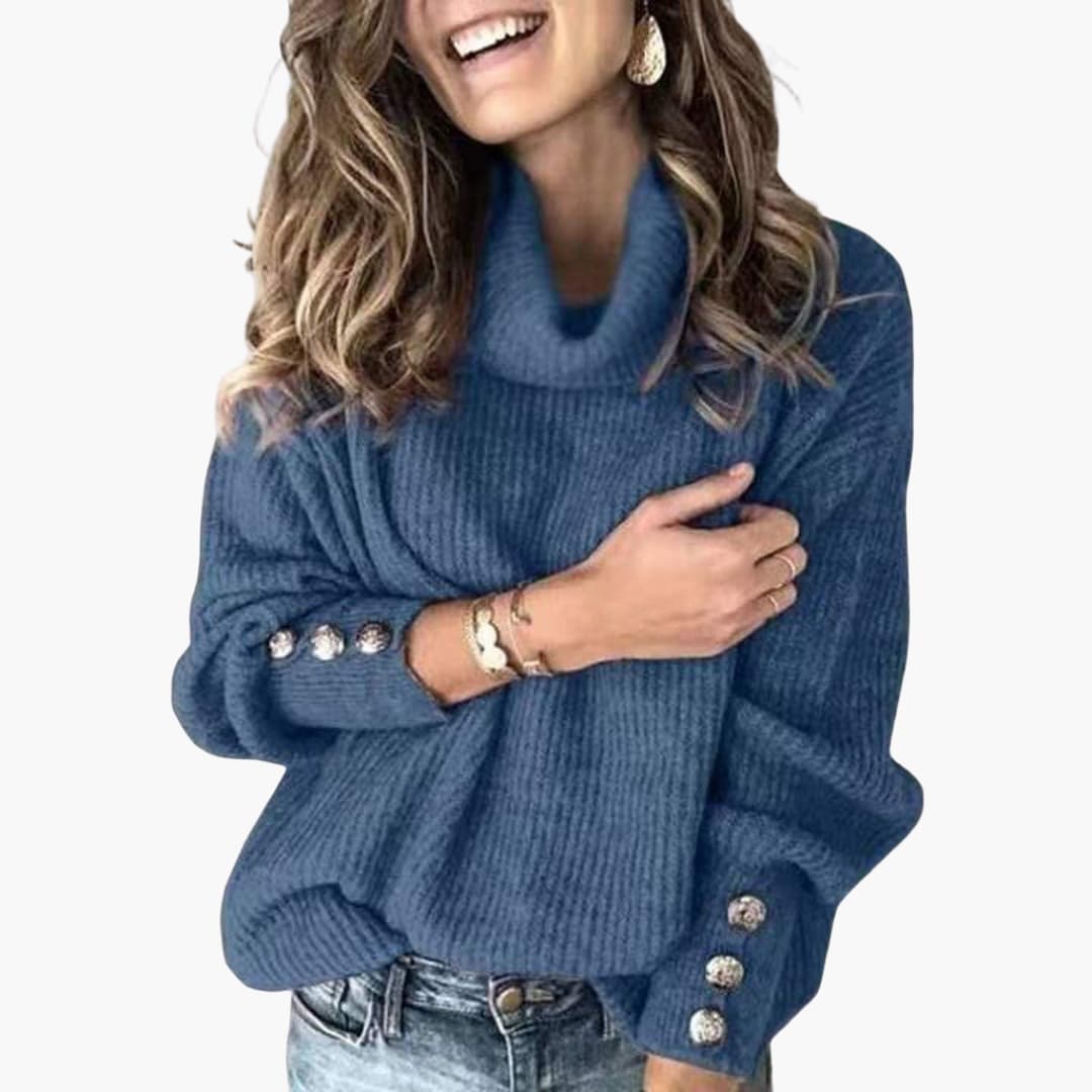 Women's ribbed turtleneck sweater with buttoned cuffs, relaxed fit for cozy everyday layering