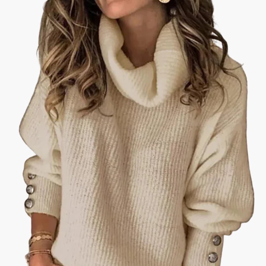 Women's ribbed turtleneck sweater with buttoned cuffs, relaxed fit for cozy everyday wear