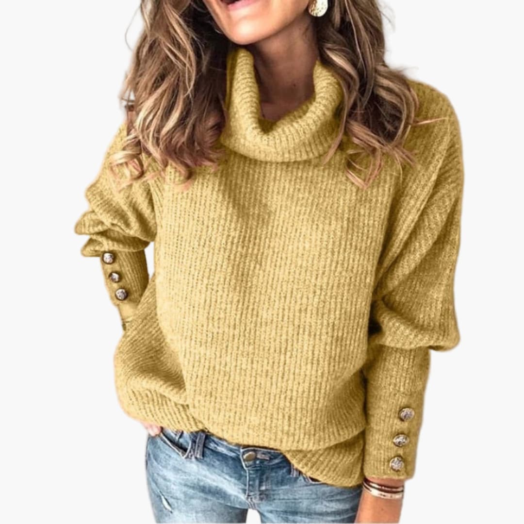 Women's ribbed turtleneck sweater with buttoned cuffs, relaxed fit for cozy everyday layering