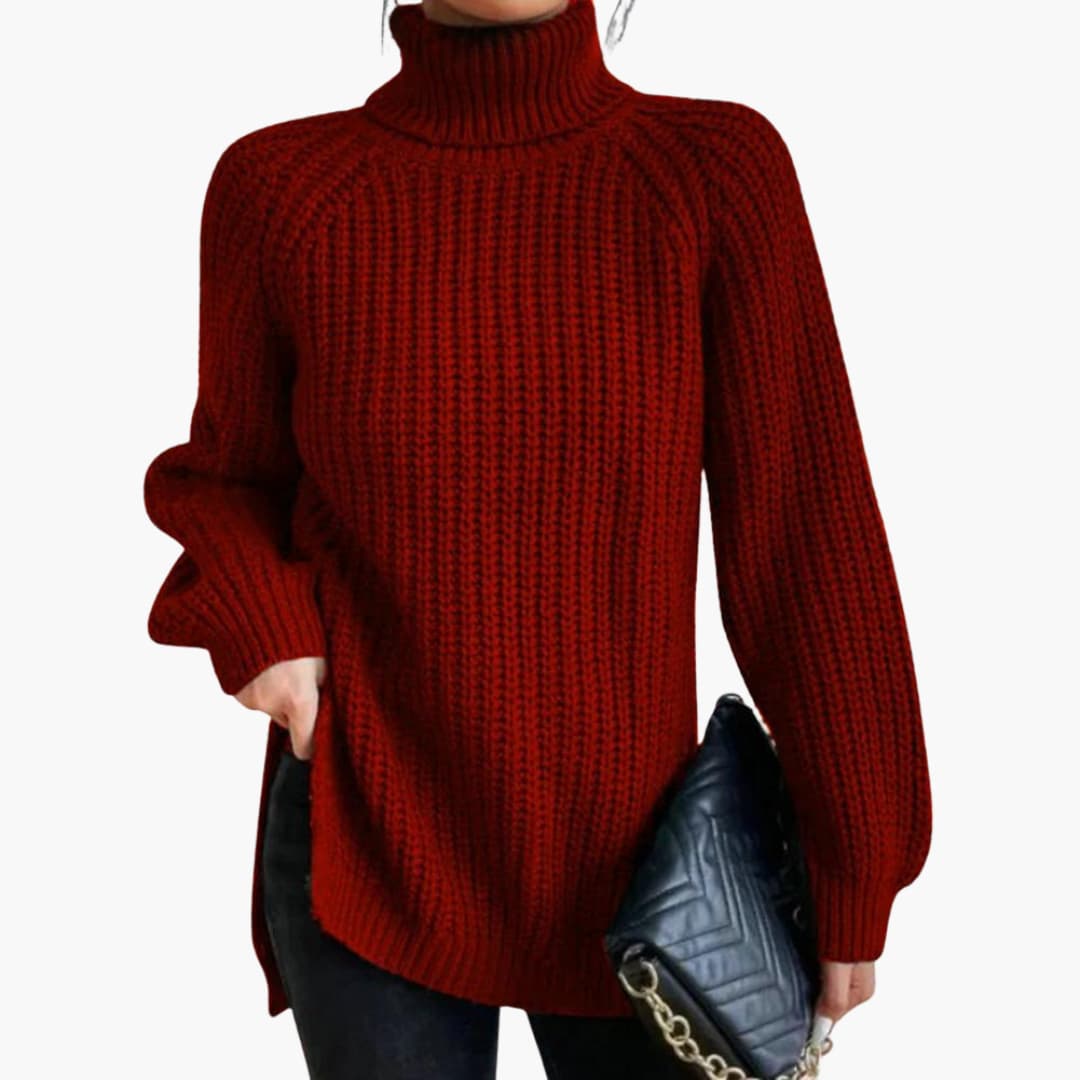 Women's loose cream turtleneck sweater, relaxed fit with dropped shoulders for cozy everyday style