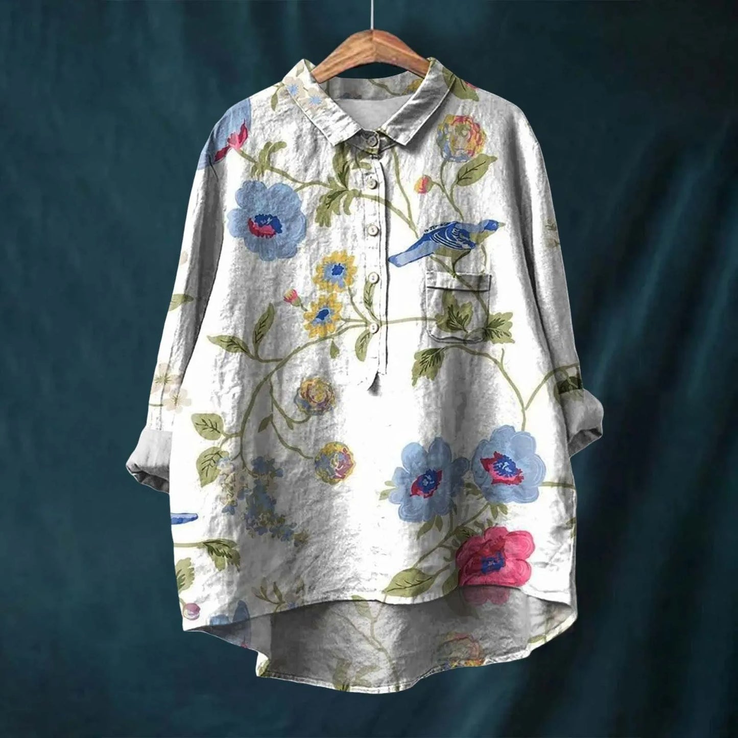 Women's botanical floral relaxed-fit shirt in multicolor print with breathable high-low hem
