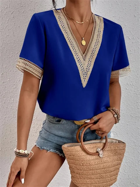 Women's soft V-neck top in summer-ready fabric with flattering neckline and effortless chic silhouette