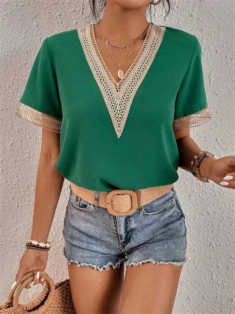 Women's soft V-neck top in summer style with flattering neckline and effortless chic silhouette