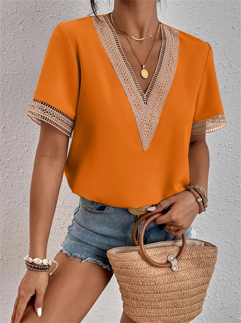 Women's soft V-neck top in summer style with flattering neckline and effortless chic silhouette