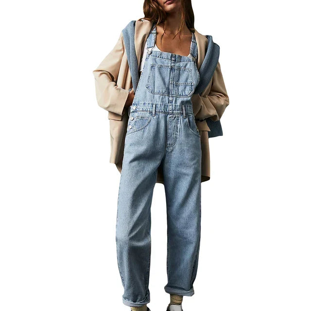 Women's blue relaxed fit denim overalls non-stretch casual chic everyday style bib front