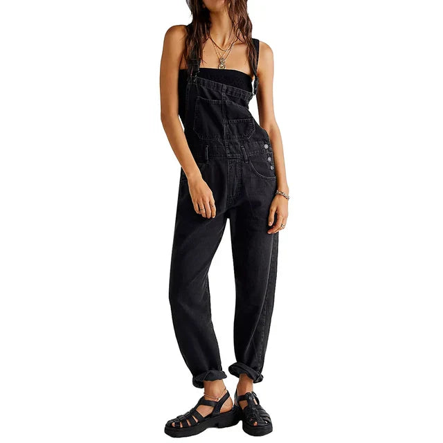 Blue relaxed-fit denim overalls non-stretch everyday casual chic women's jumpsuit