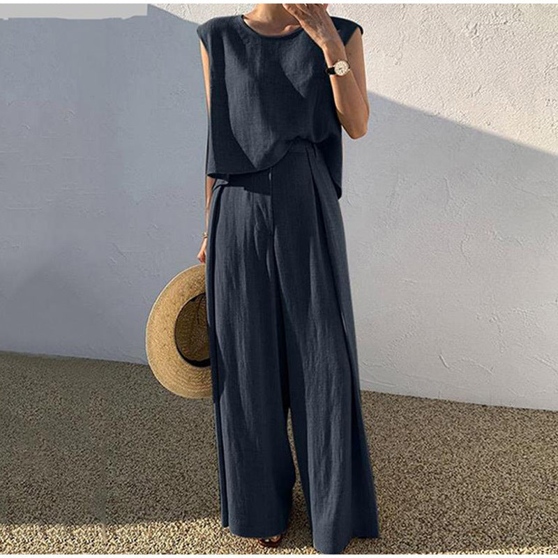 Women's linen two-piece suit set elegant tailored workwear blazer and trousers breathable natural fabric