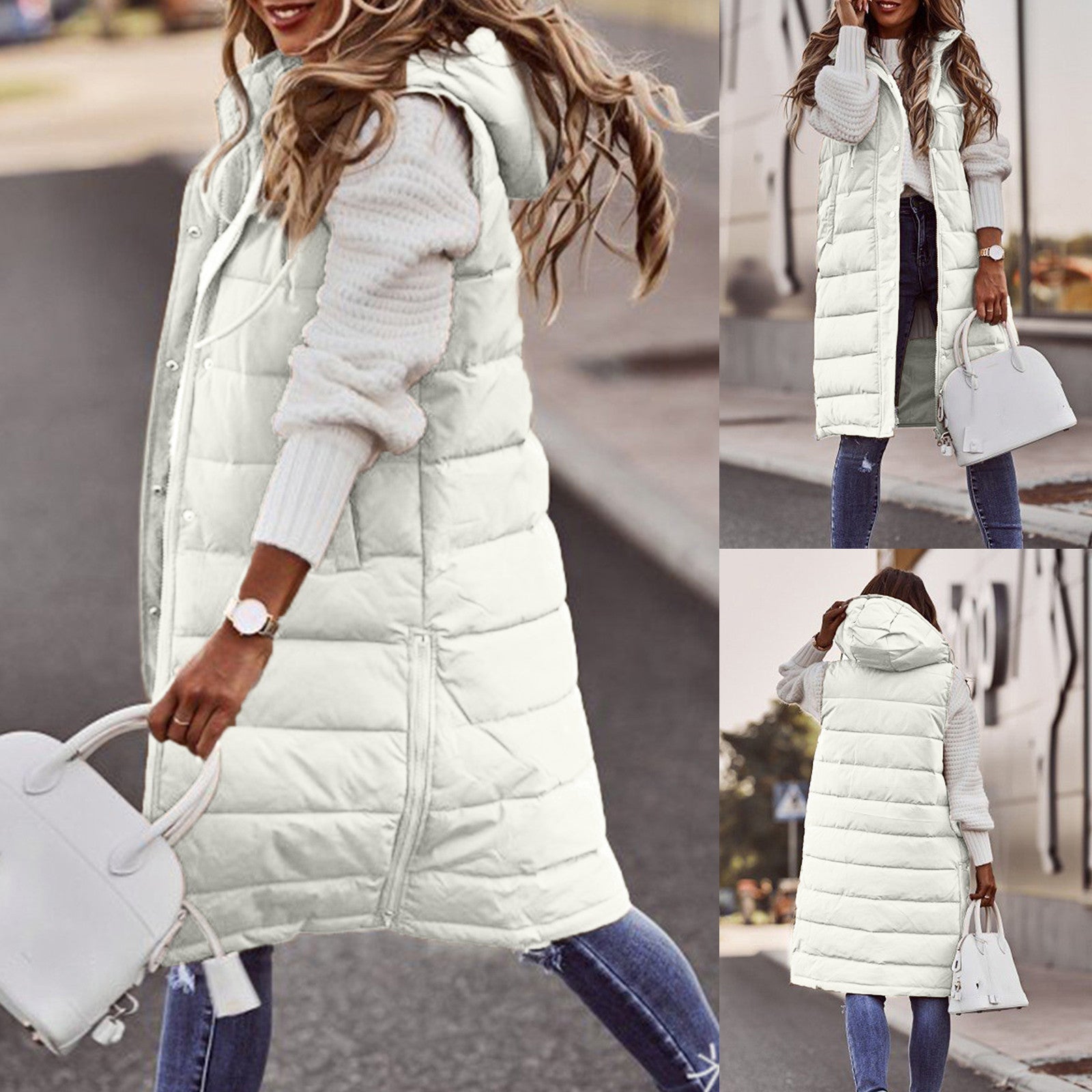 Women's long quilted down vest with hood, insulated winter outerwear for cozy layering warmth