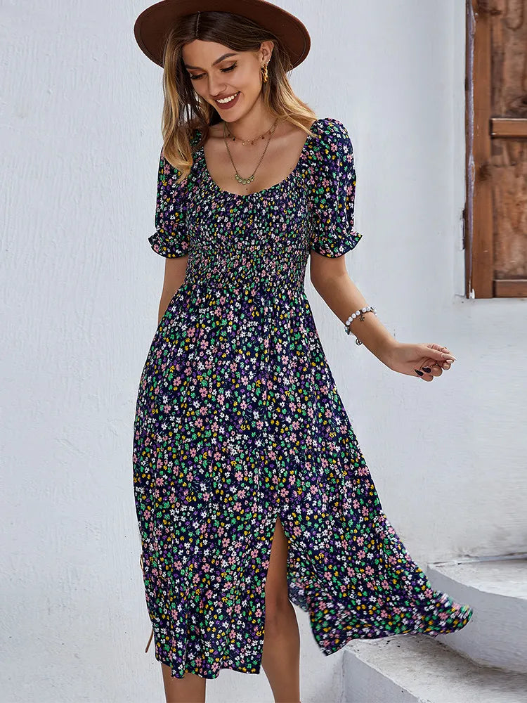 Floral midi dress women A-line puff sleeves light viscose summer romantic style