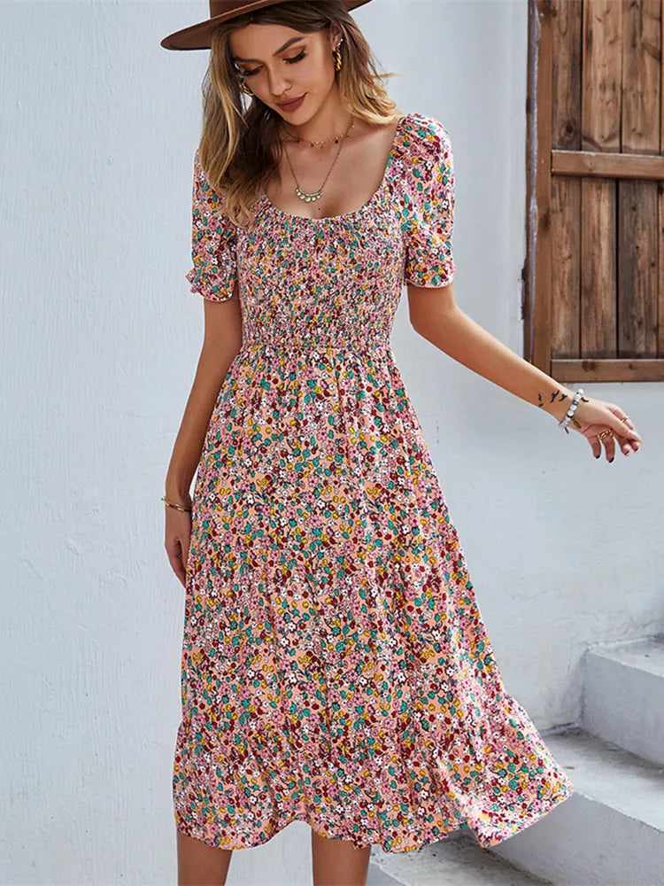 Floral print midi dress women A-line silhouette short puff sleeves feminine summer style