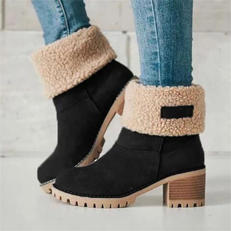 Women's suede-look mid-height block heel boots with plush faux fur trim, non-slip sole