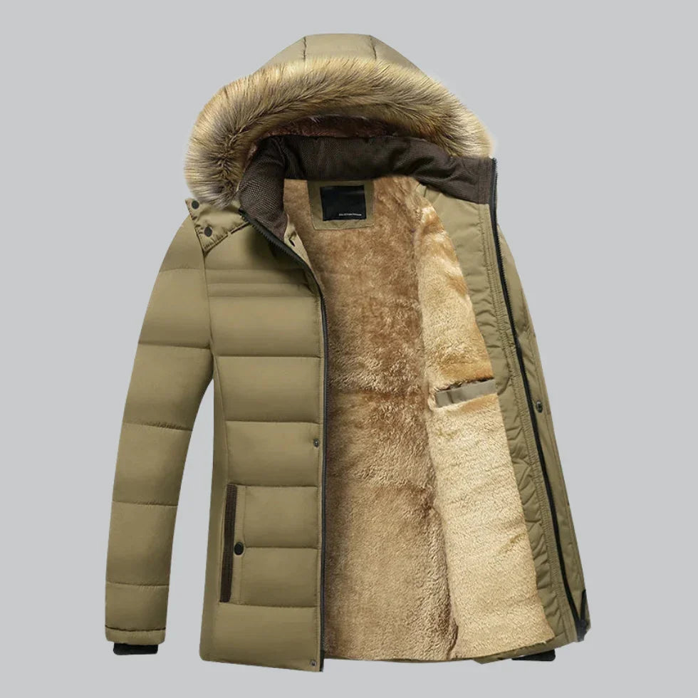 Men's luxury black hooded winter parka with plush insulated interior, streamlined fit for cold weather