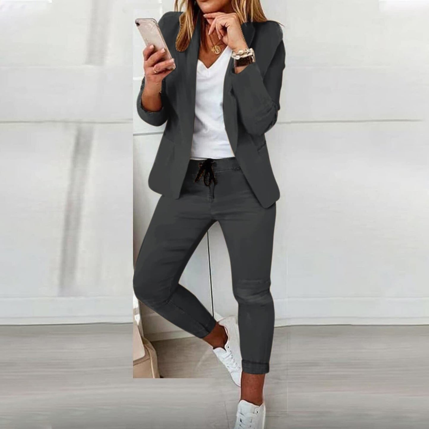 Women's fitted blazer set with drawstring pants, elegant office wear in premium tailored silhouette