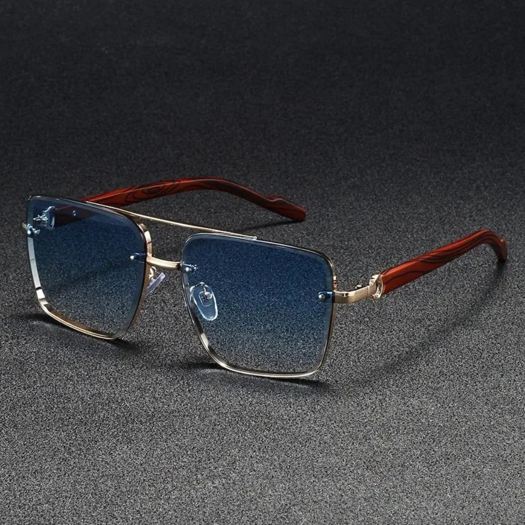 Bold square gold metal sunglasses with woodgrain arms, vintage-inspired frame for fashion-forward style