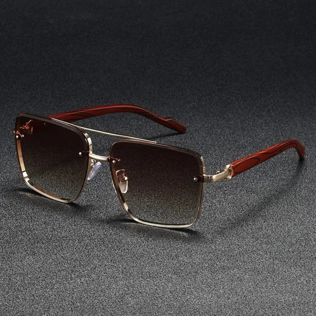 Bold square sunglasses gold polished metal frame woodgrain arms vintage-inspired fashion accessory