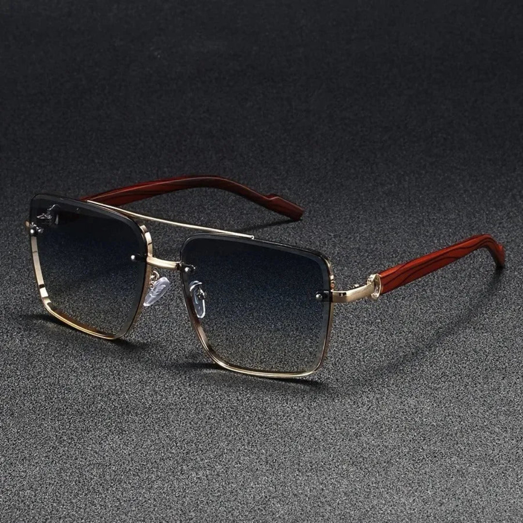 Bold square gold metal sunglasses with woodgrain arms, vintage-inspired fashion-forward silhouette