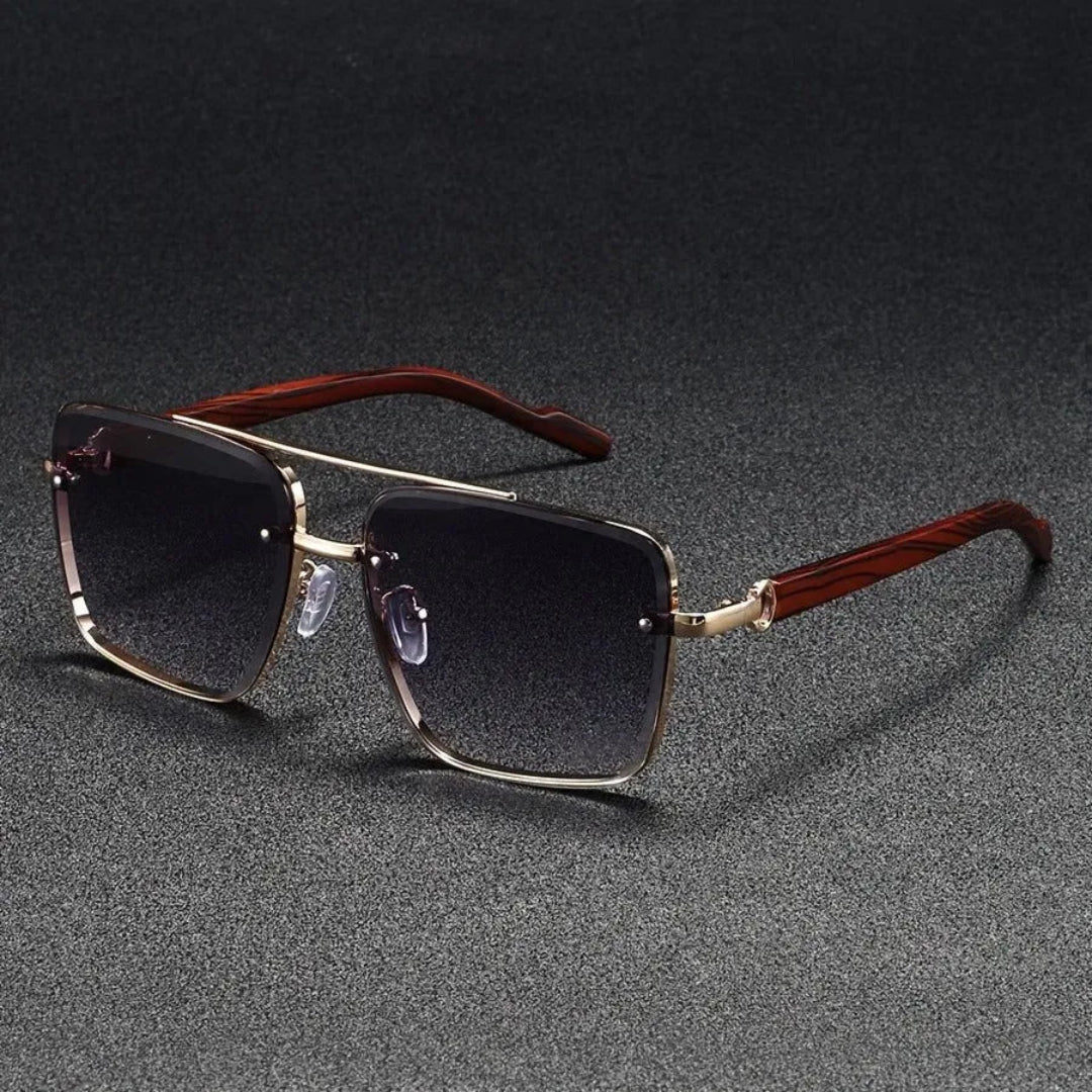 Bold square sunglasses gold polished metal frame woodgrain arms vintage-inspired fashion accessory
