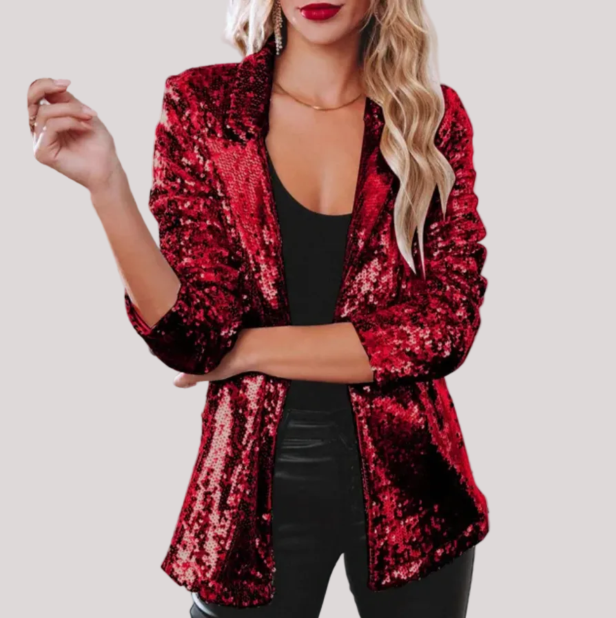 Women's open-front loose fit full sequin blazer with all-over sparkle coverage for festive glam parties