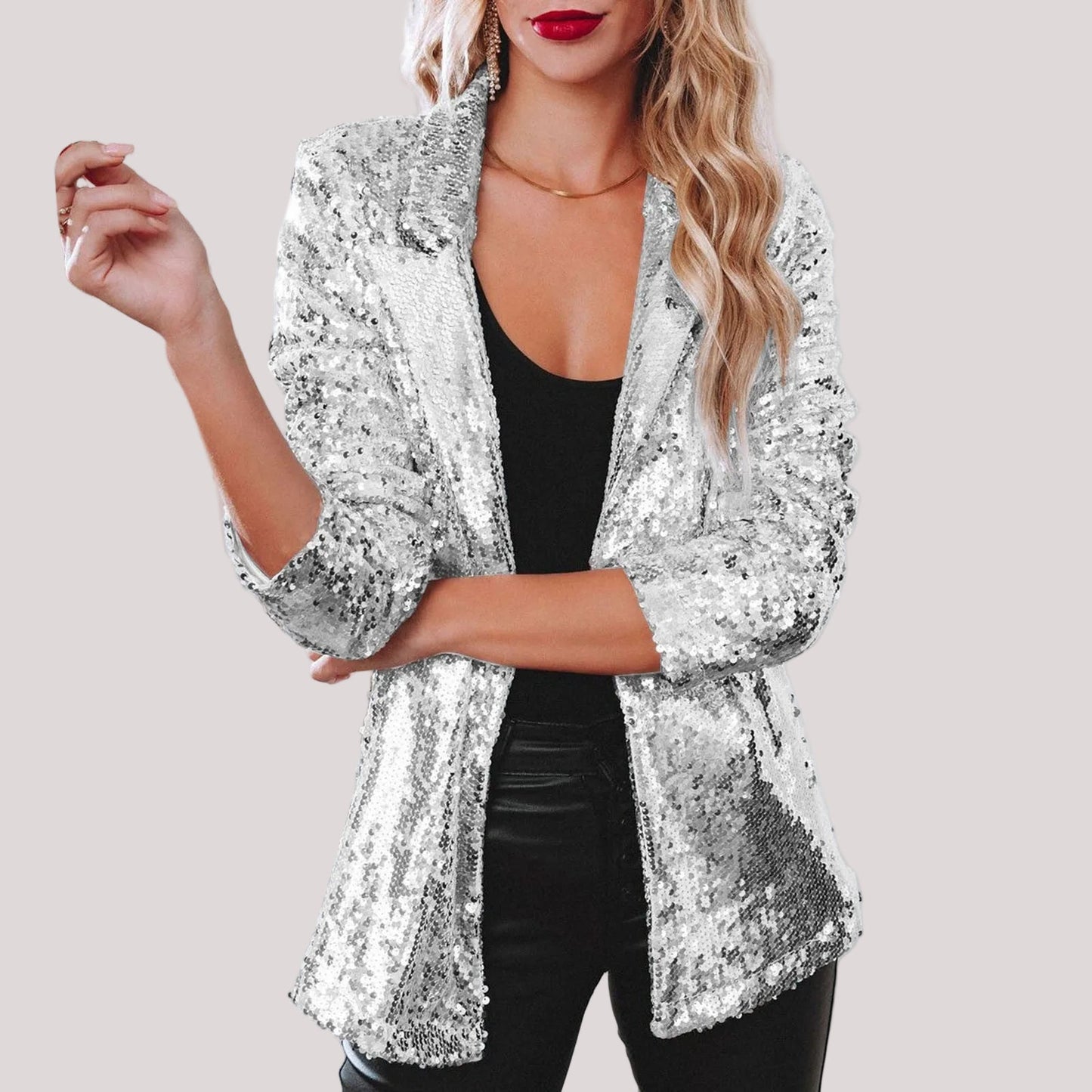 Women's open-front loose fit party blazer with full sequin coverage for festive glam evenings