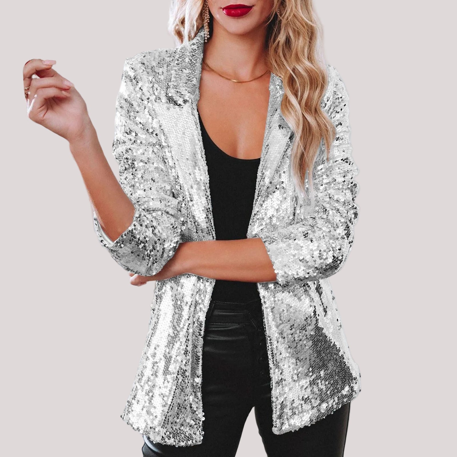 Women's open-front loose fit party blazer with full sequin coverage for festive glam evenings