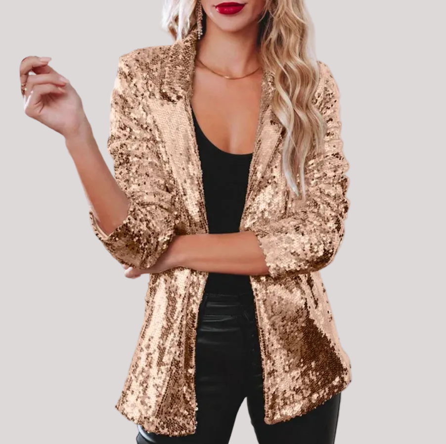 Women's silver sequin open-front blazer loose fit full coverage festive glam party jacket