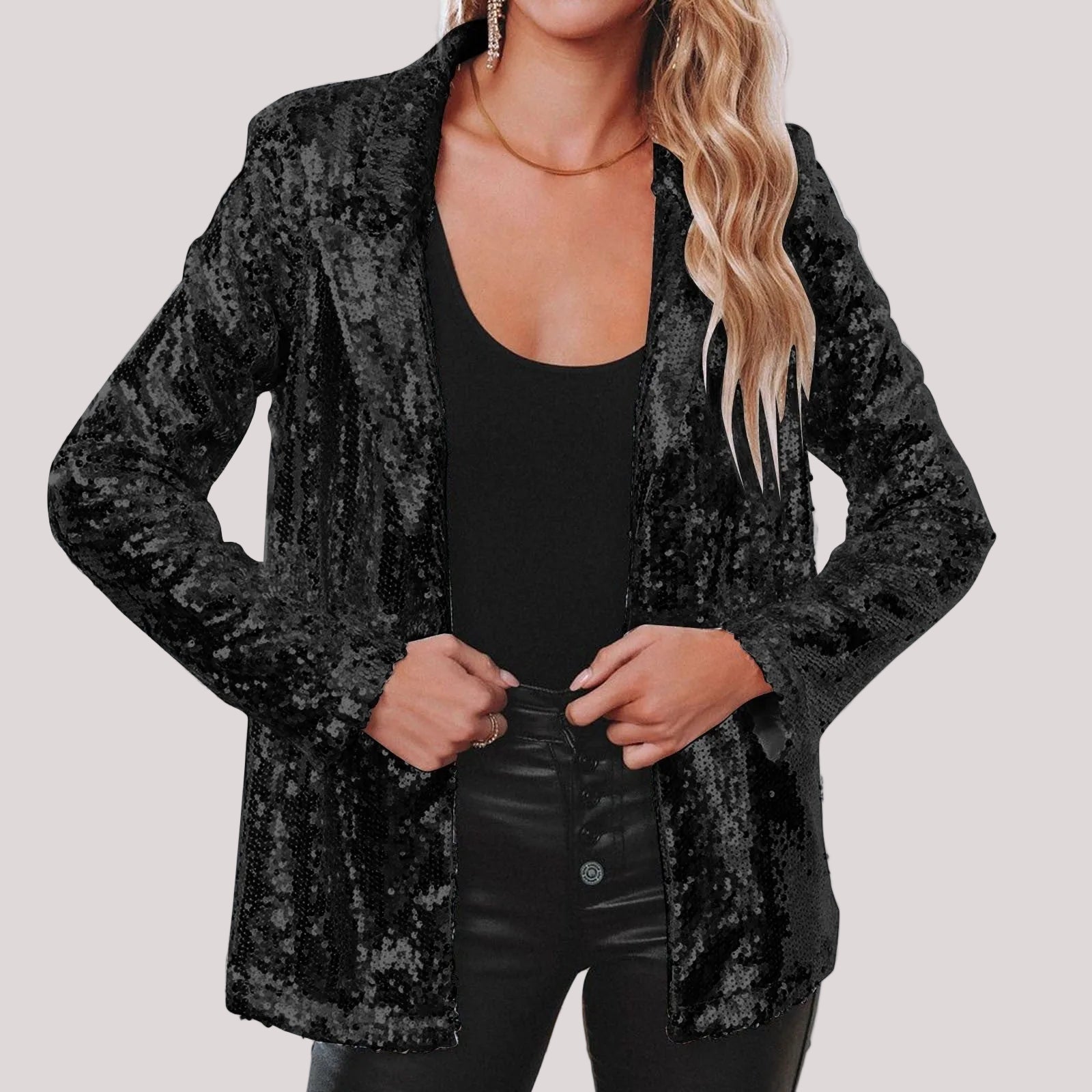 Women's silver sequin open-front blazer loose fit full coverage festive glam party jacket