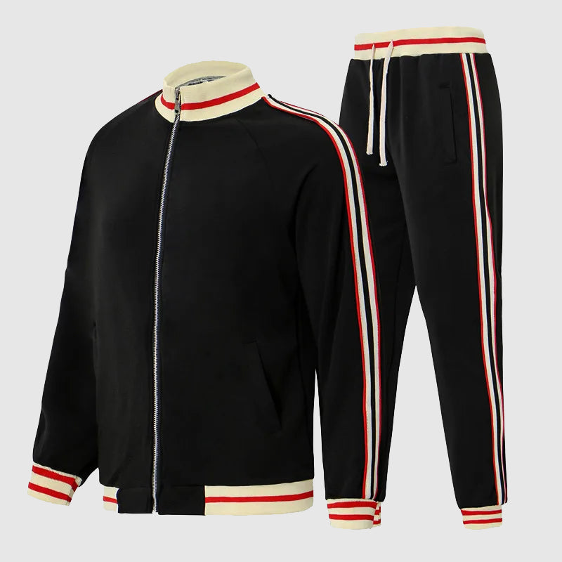Men loose fit two-piece tracksuit set zip-up jacket and joggers in solid color sporty style