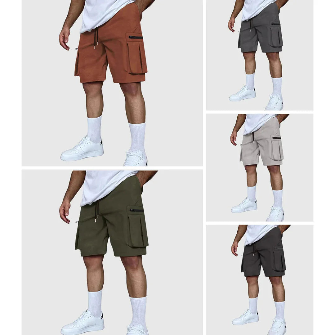 Men's khaki utility cargo shorts with multi-pocket design, secure zip cargo pockets, and breathable poly-blend