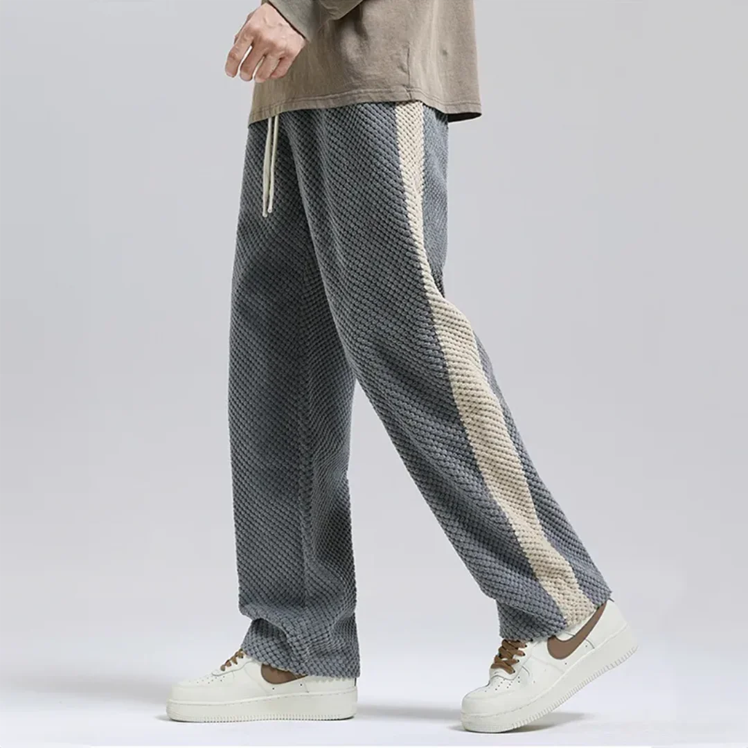 Men's gray waffle knit joggers with sporty side stripe, relaxed tapered fit for all-day comfort