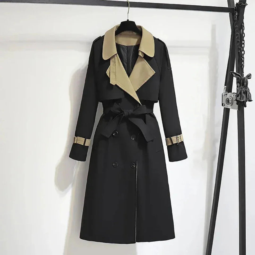 Women's two-tone belted double-breasted trench coat tailored silhouette classic outerwear