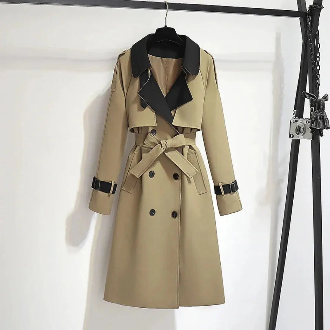 Women's two-tone belted double-breasted trench coat tailored silhouette contemporary contrast outerwear