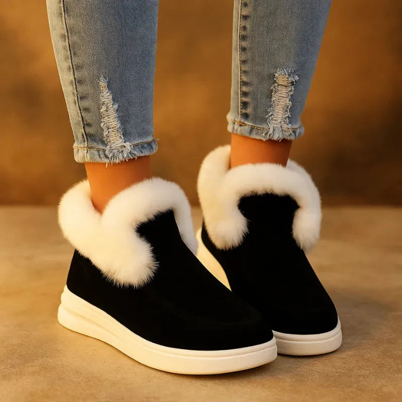 Women's cozy suede slip-on winter boots with plush faux fur lining in warm neutral tones