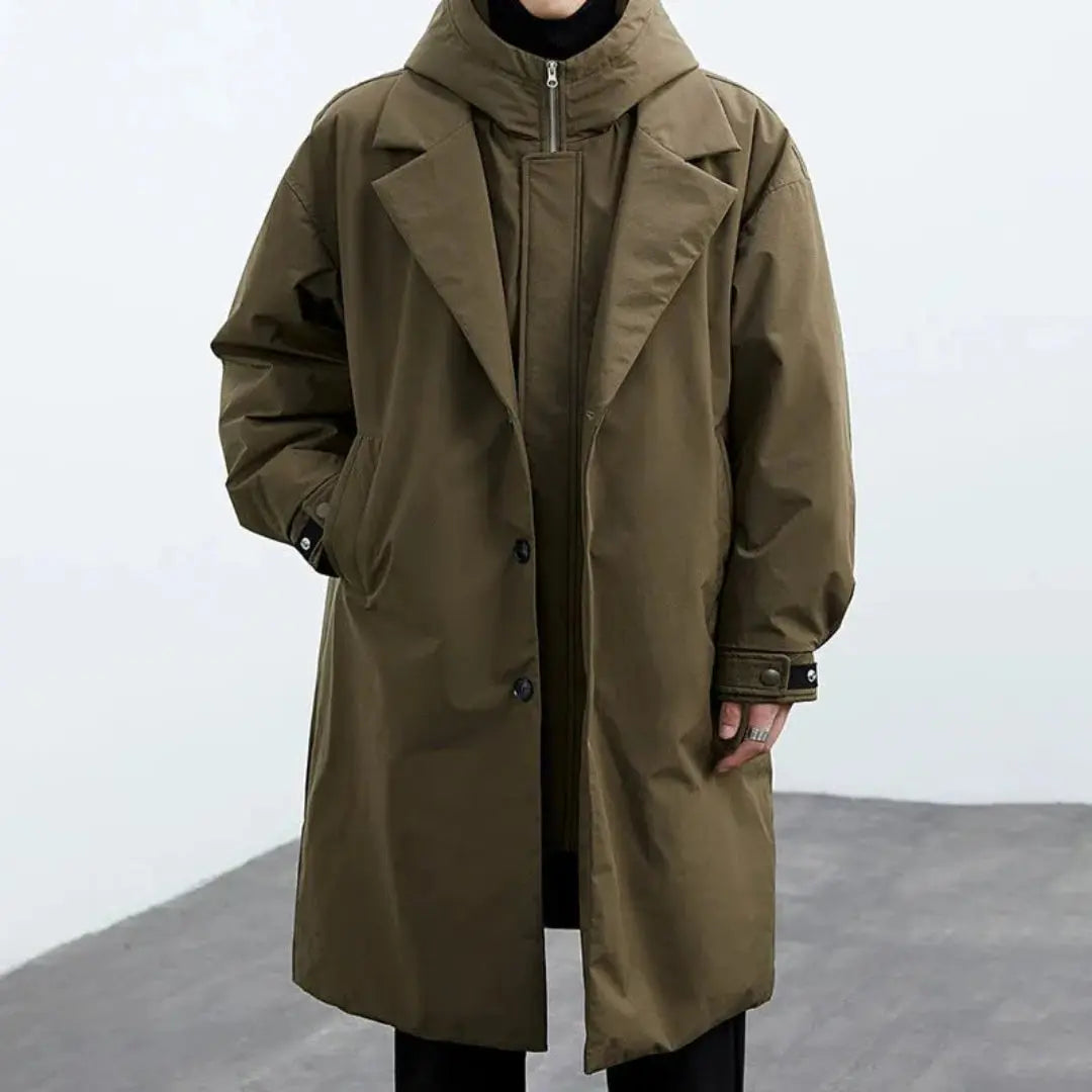 Daniel hooded trench coat in neutral tone, weatherproof windbreaker with detachable hood for urban winter