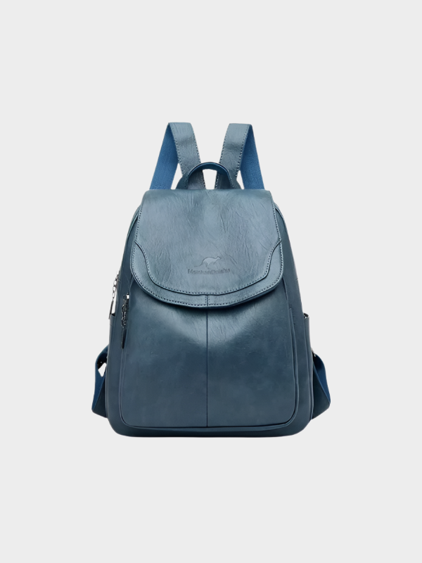 Black faux leather backpack with smooth finish, multiple compartments and adjustable straps