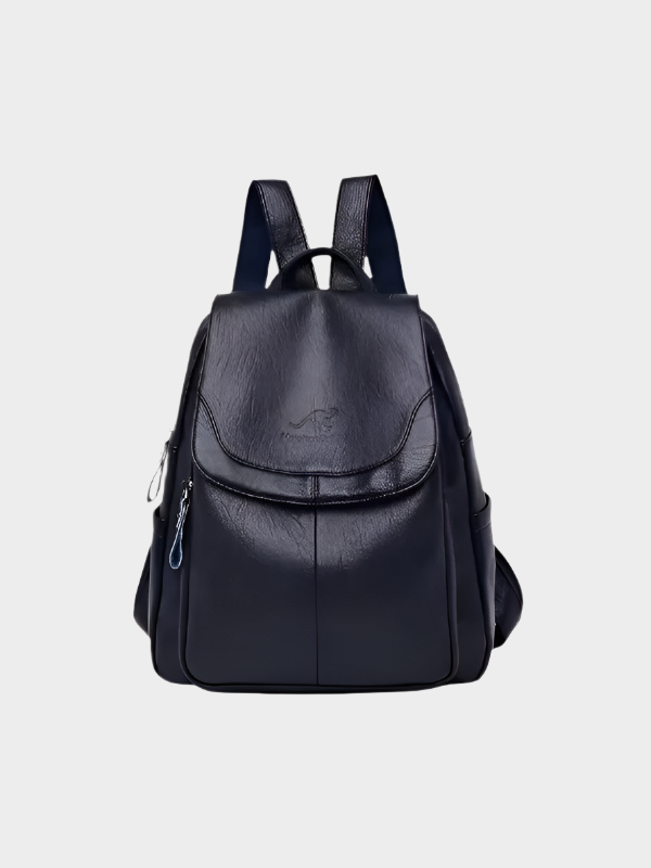 Black faux leather backpack with smooth finish, multiple compartments and adjustable straps