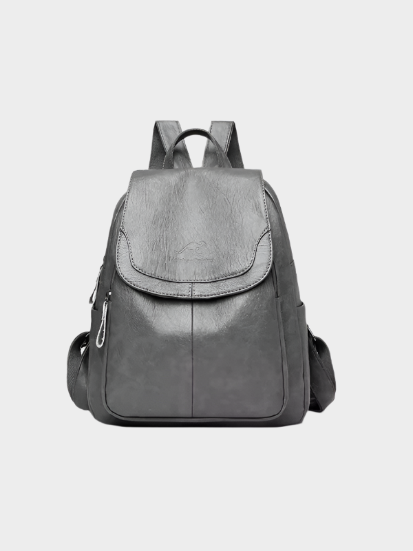 Black faux leather backpack with multiple compartments and adjustable straps for students and professionals