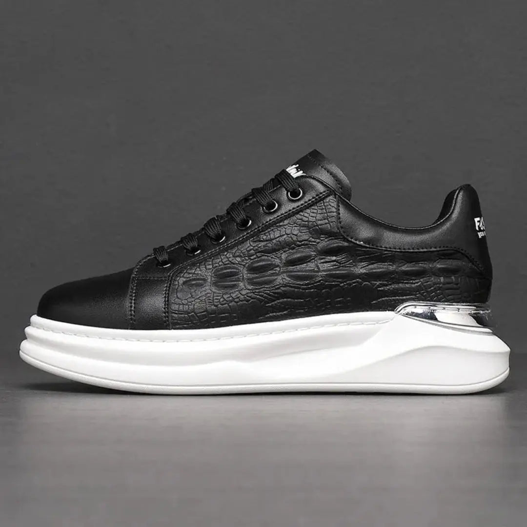 White croc-embossed PU leather sneakers with futuristic chrome sole for bold streetwear style