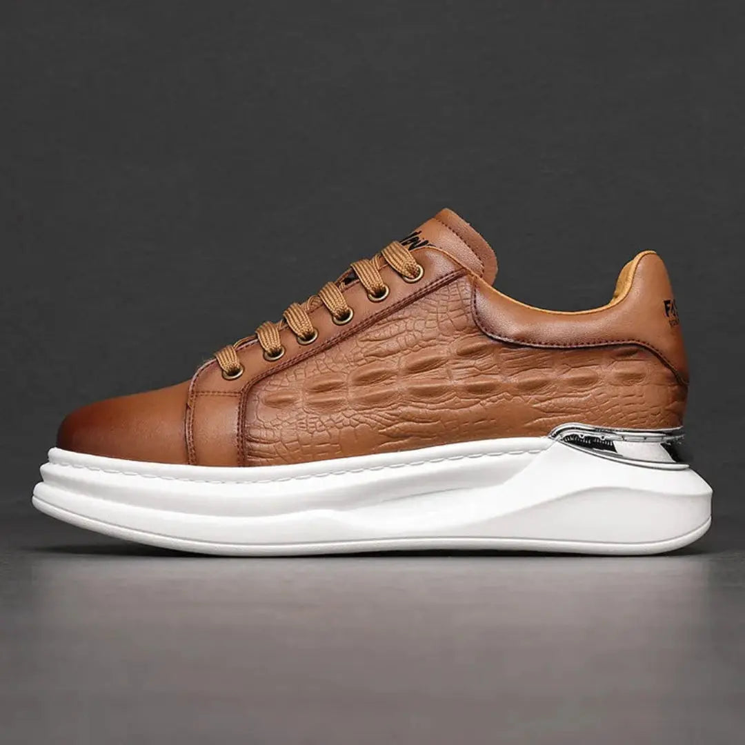 White croc-embossed PU leather sneakers with chrome futuristic sole, cushioned streetwear style