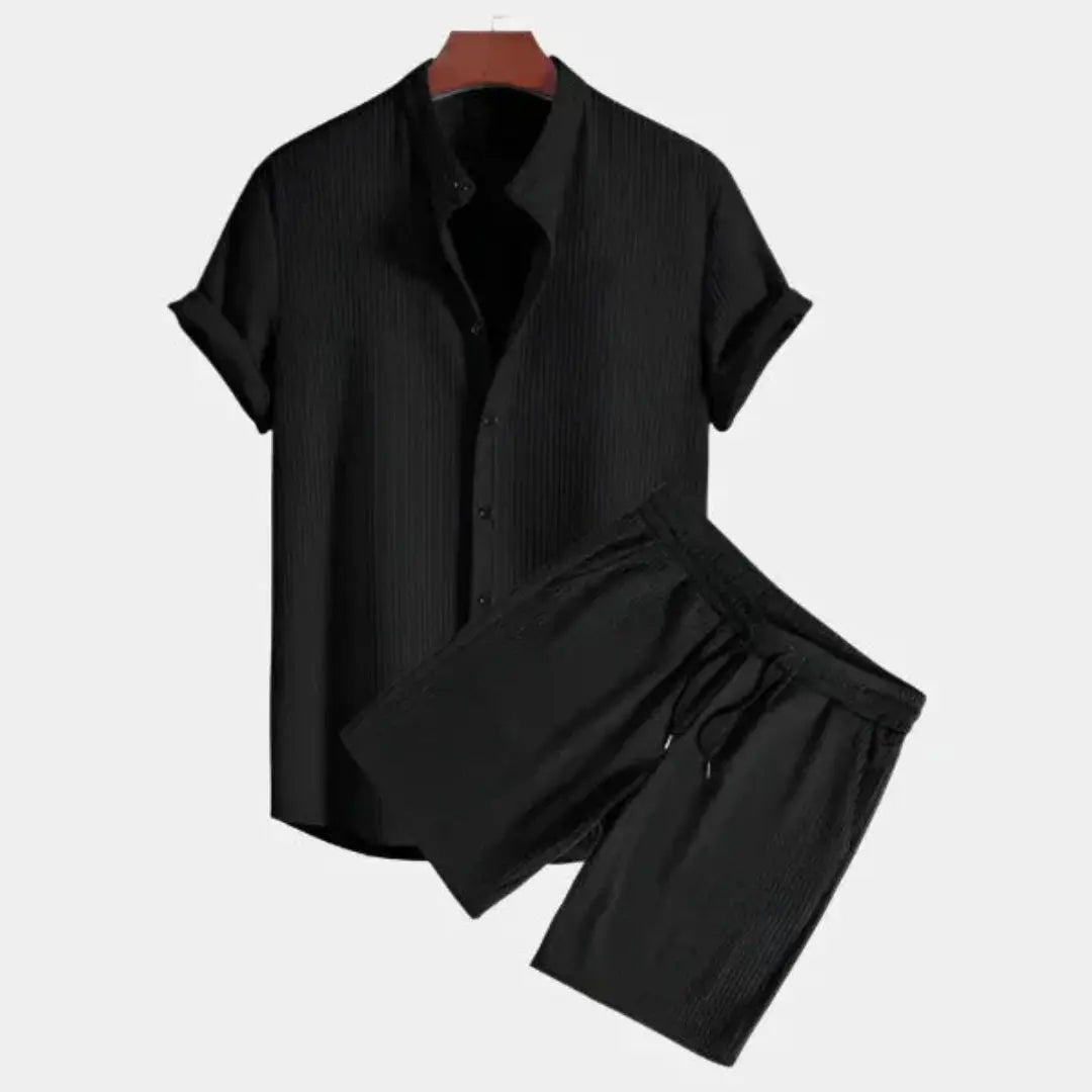 Men's textured two-piece lounge set lightweight button-down shirt matching drawstring shorts casual summer