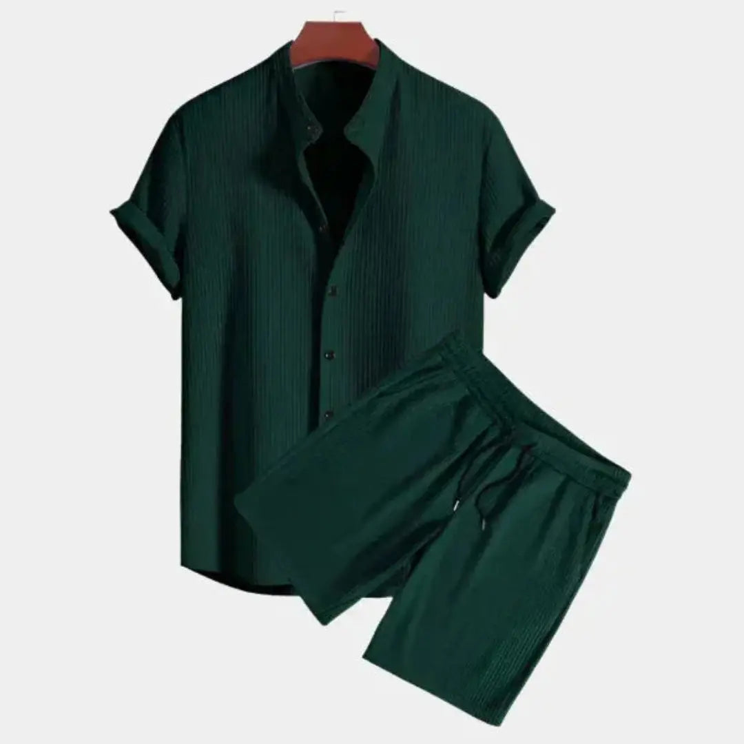 Men's textured two-piece lounge set lightweight breathable button-down shirt matching drawstring shorts
