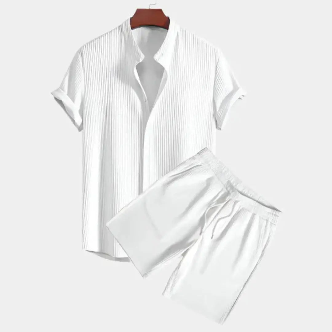 Men's textured two-piece lounge set lightweight button-down shirt matching drawstring shorts casual summer