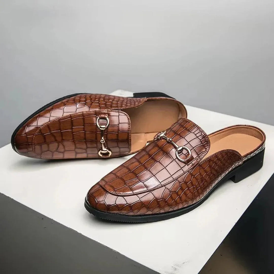 Women's croc embossed backless mules slip-on faux leather cushioned insole versatile comfort shoes