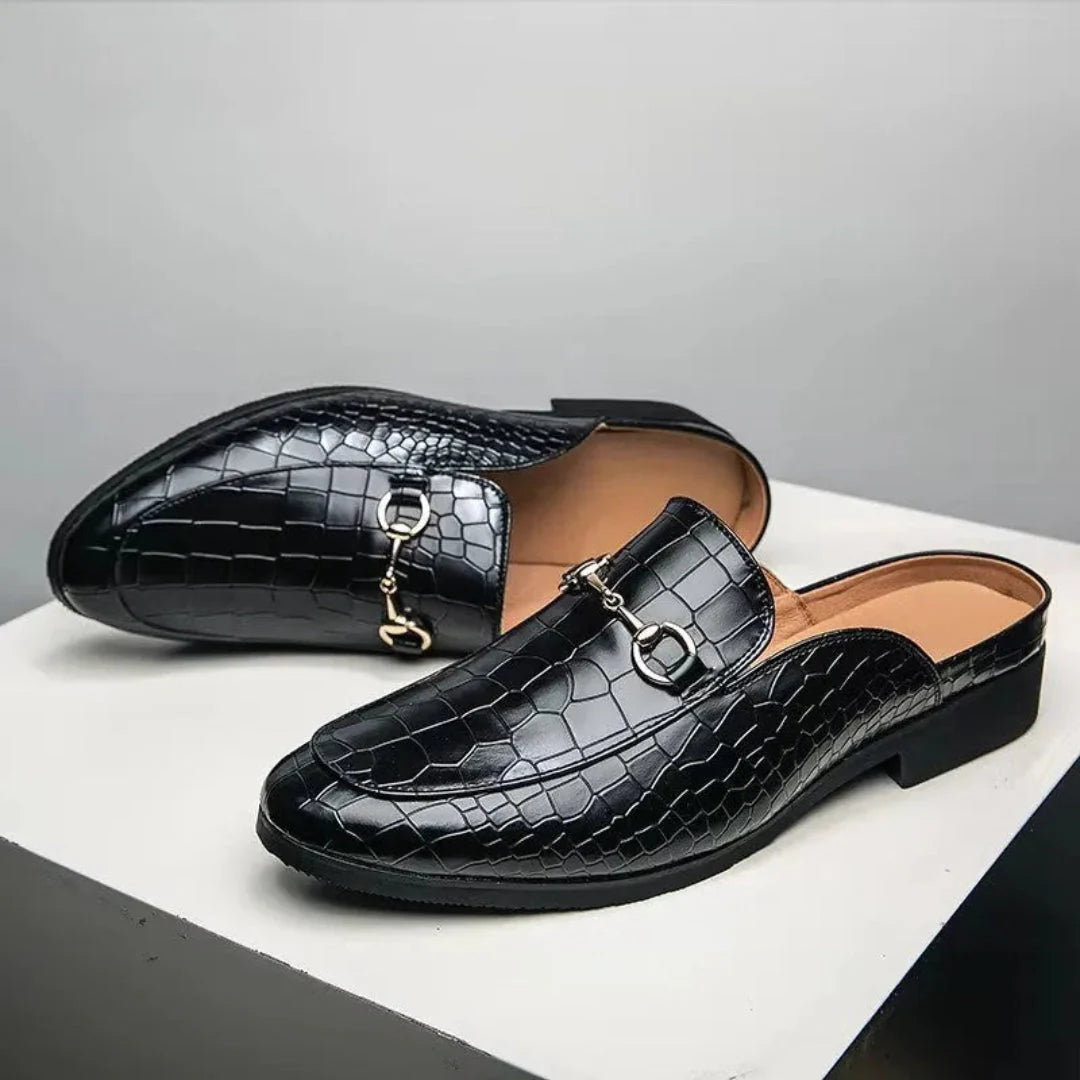 Women's croc embossed backless mules slip-on faux leather cushioned insole versatile comfort shoes